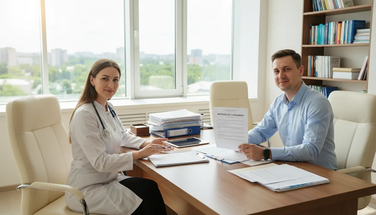 выписка из стационара, врач беседует с пациентом, документы, светлый кабинет